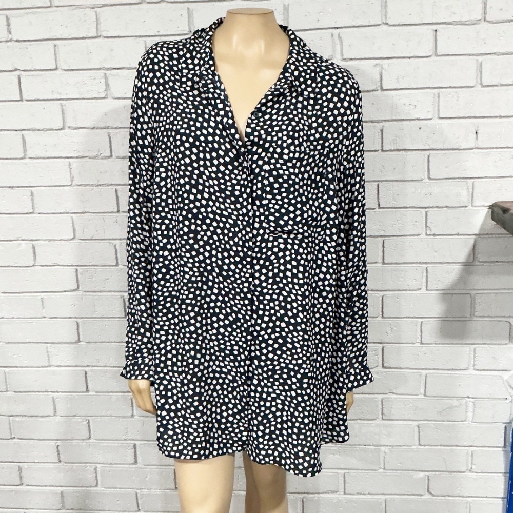 Alfani Black White Abstract Print Button Down Tunic Statement Sz 2X